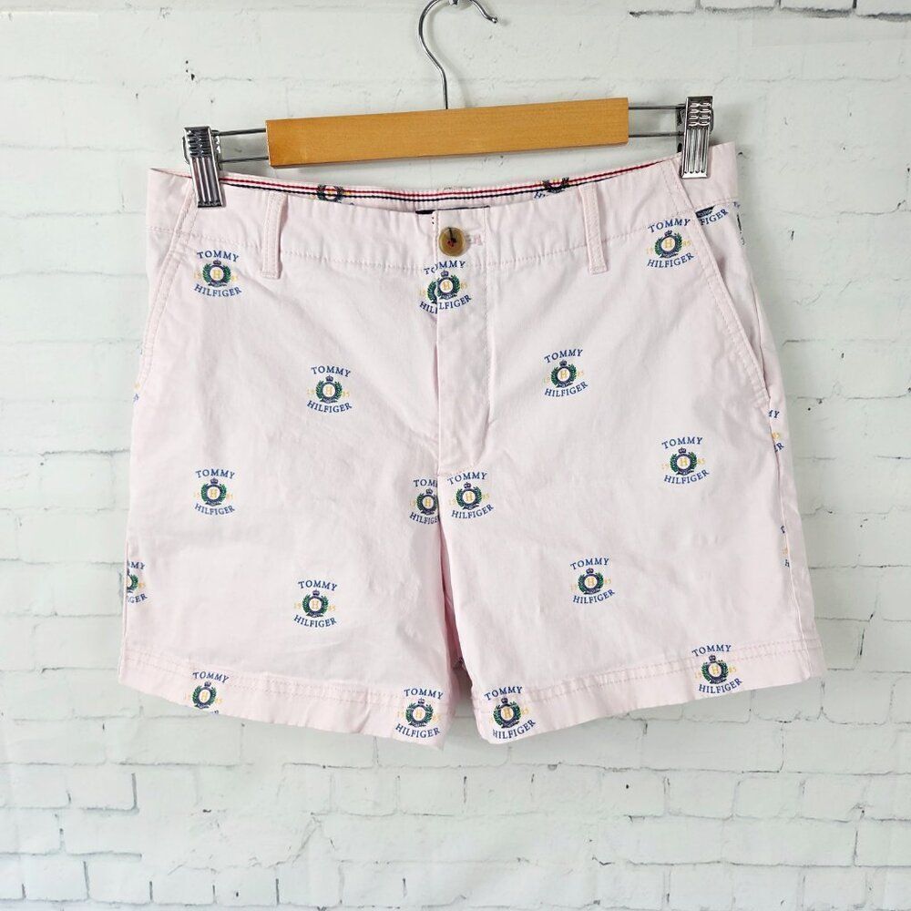Tommy Hilfiger 5" Inch Classic Stretch Short Size 4 Pink Crest Graphic Spell Out